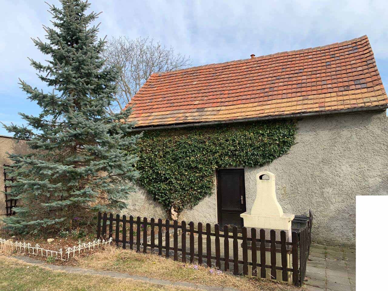 Haus mit rotem Ziegeldach, graue Fassade, Kletterpflanze an der Wand, großer Baum links, Holzzaun.