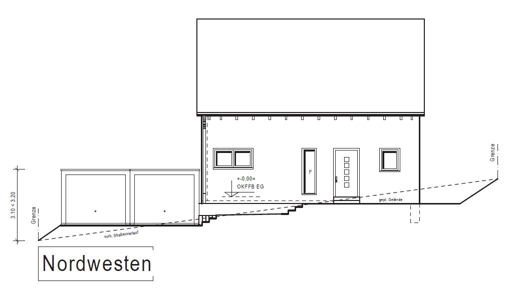 Skizze einer Nordwesten-Hausansicht mit Garage und Eingang