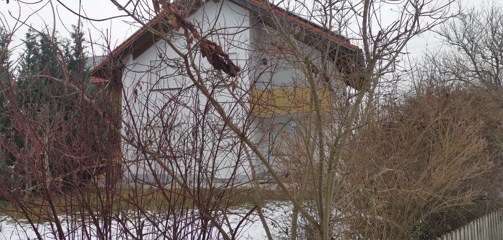 Weißes Einfamilienhaus mit rotem Dach hinter kahlen Bäumen; Schnee bedeckt Gartenboden.