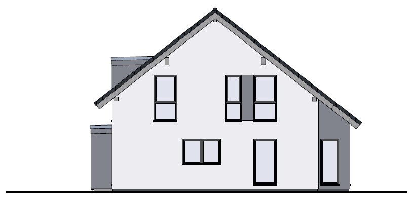 Modernes Einfamilienhaus mit Satteldach, weißer Fassade und mehreren Fenstern.
