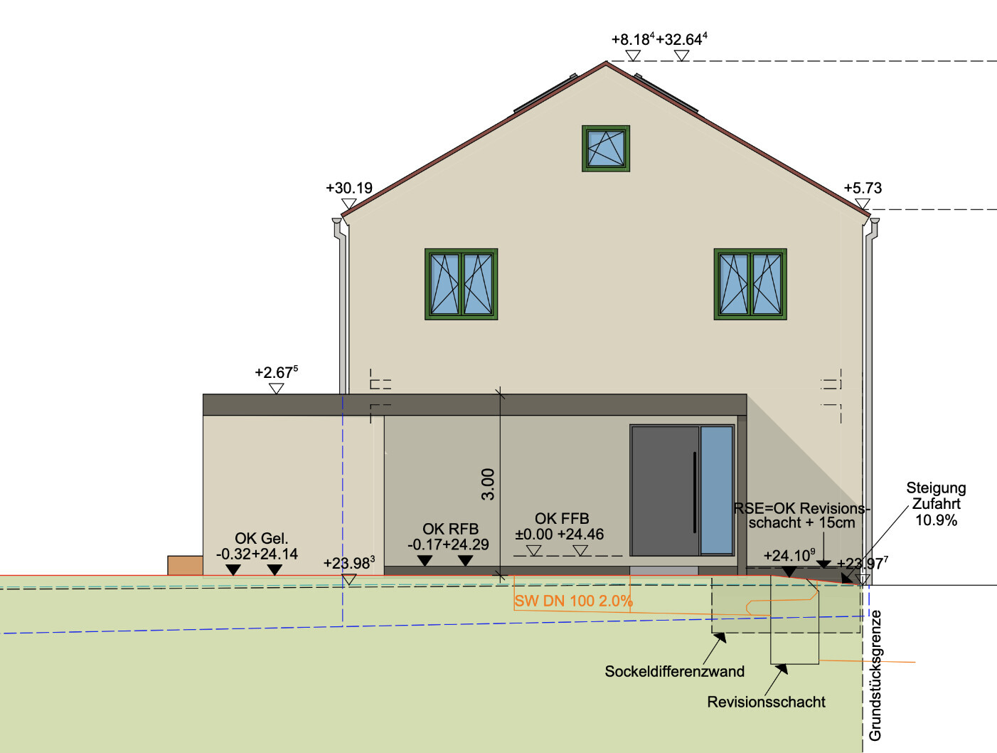 Seitliche Bauzeichnung eines Hauses mit Anbau, Kellergeschoss und Höhenangaben.
