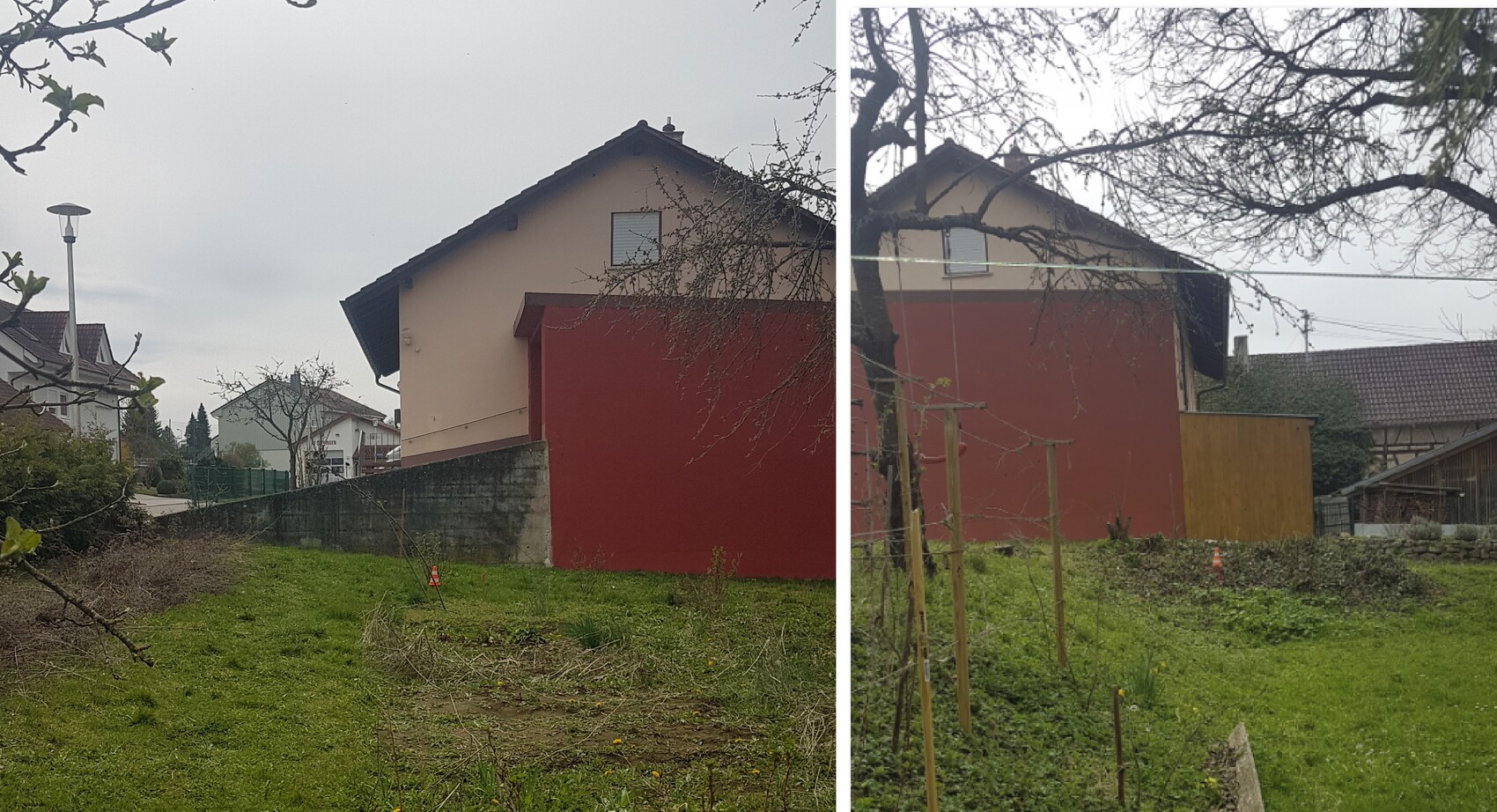 Zweibild-Aufnahme eines Hauses mit roter Fassade, Gartenfläche und Bäumen; links Straßenseite, rechts Hofseite.