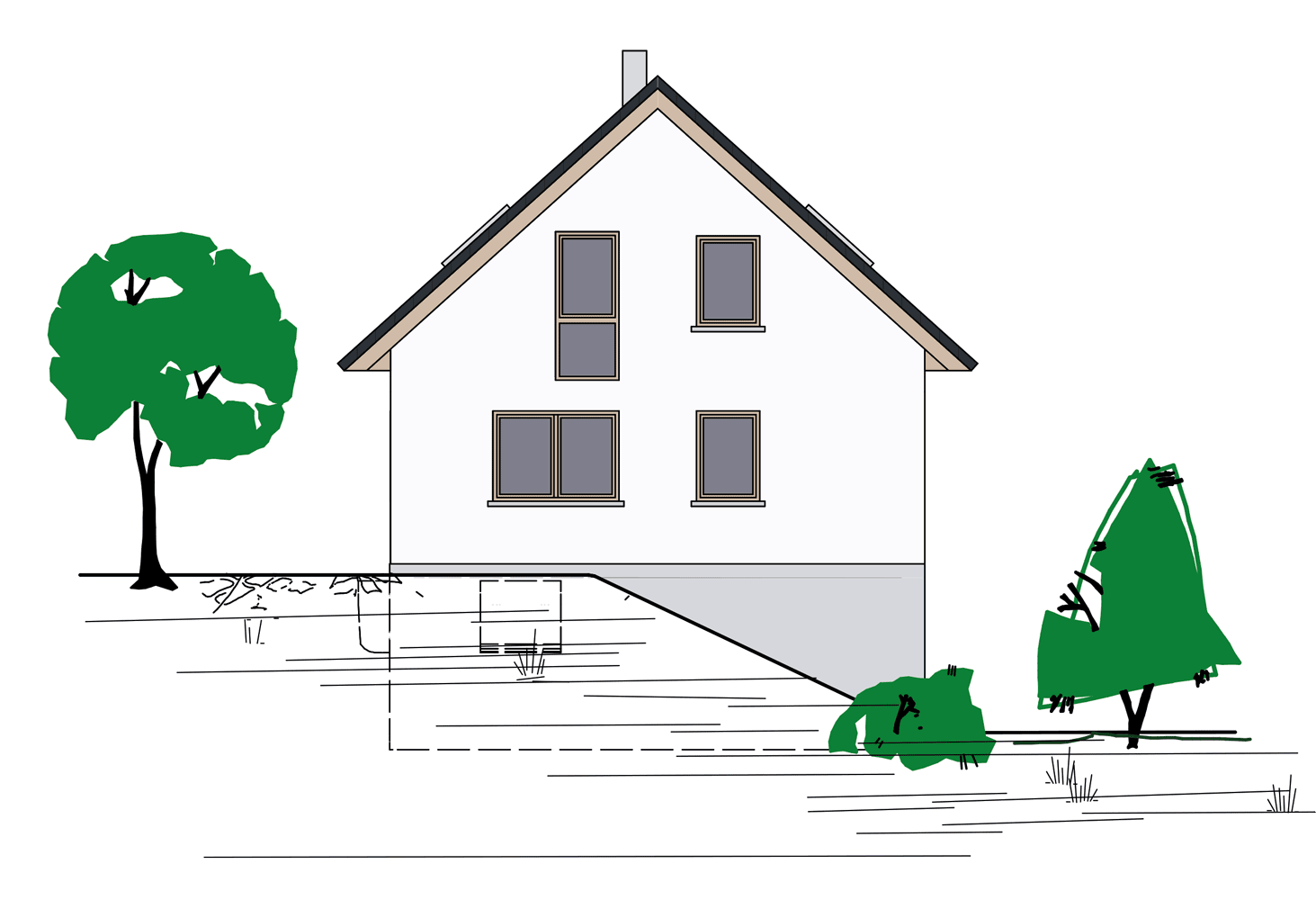 Zweistöckiges Einfamilienhaus mit Satteldach, Fenstern, Baum links, Busch rechts, Einfahrt vorne.