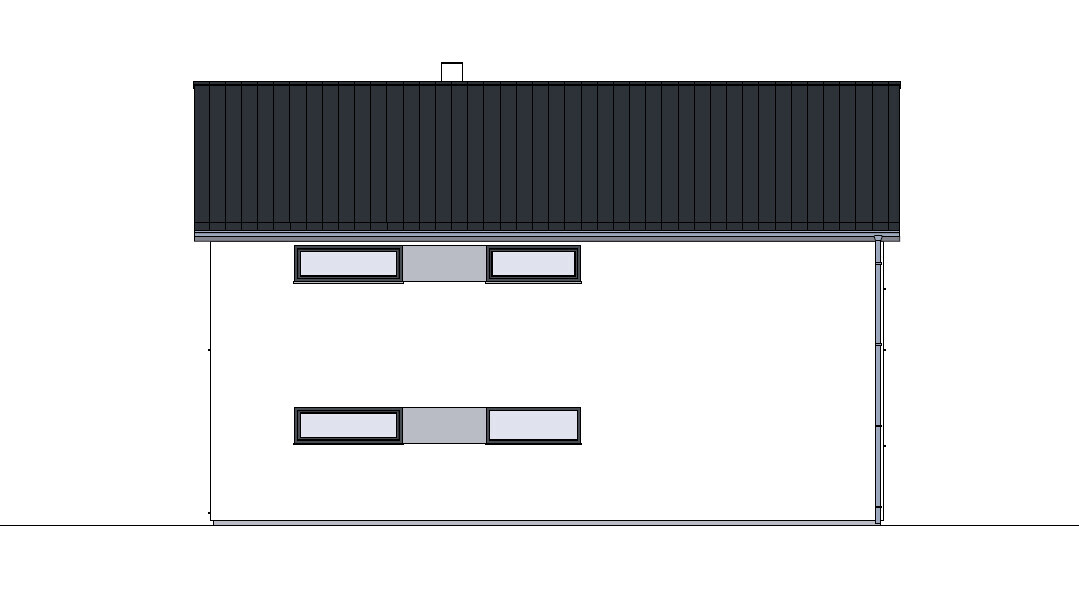Zweistöckiges Haus mit dunklem Metall-Dach, weißen Wänden und horizontalen Fenstern