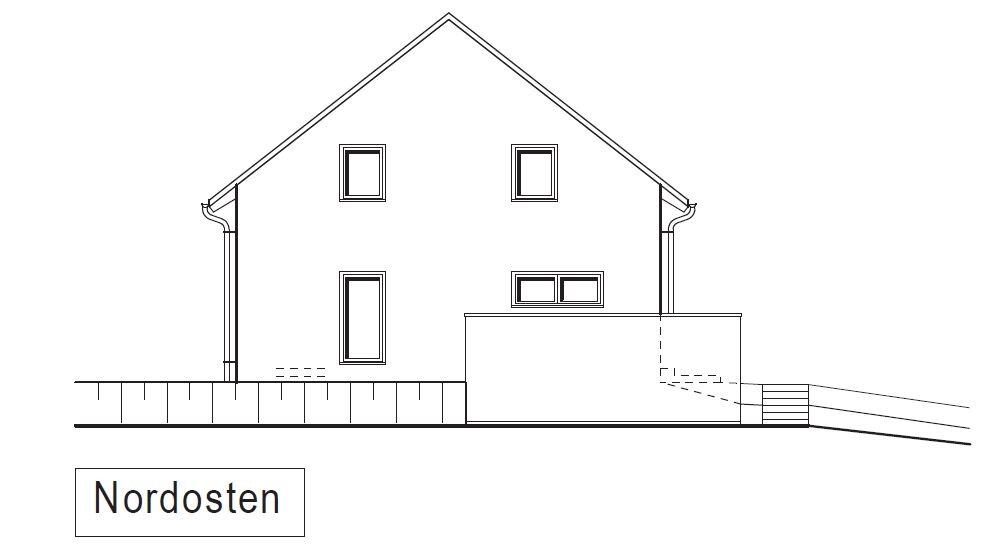 Architektenzeichnung: Wohnhaus Ansicht von Nordosten mit Terrasse