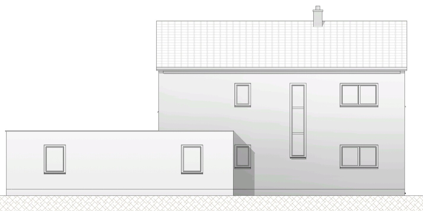 Moderne zweigeschossige Hausfront mit Anbau links, Dachziegeln, Fenstern und Kamin.