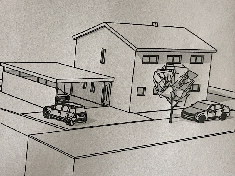 Skizzenhafte Außenansicht eines Hauses mit Carport, Fahrzeugen und Baum an der Straße.