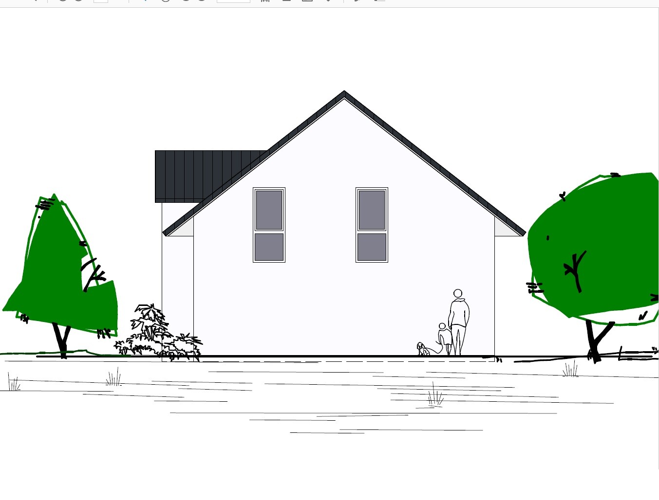 Weißes Einfamilienhaus mit schrägem Dach, zwei Fenster; Bäume links und rechts; Mensch mit Kind.