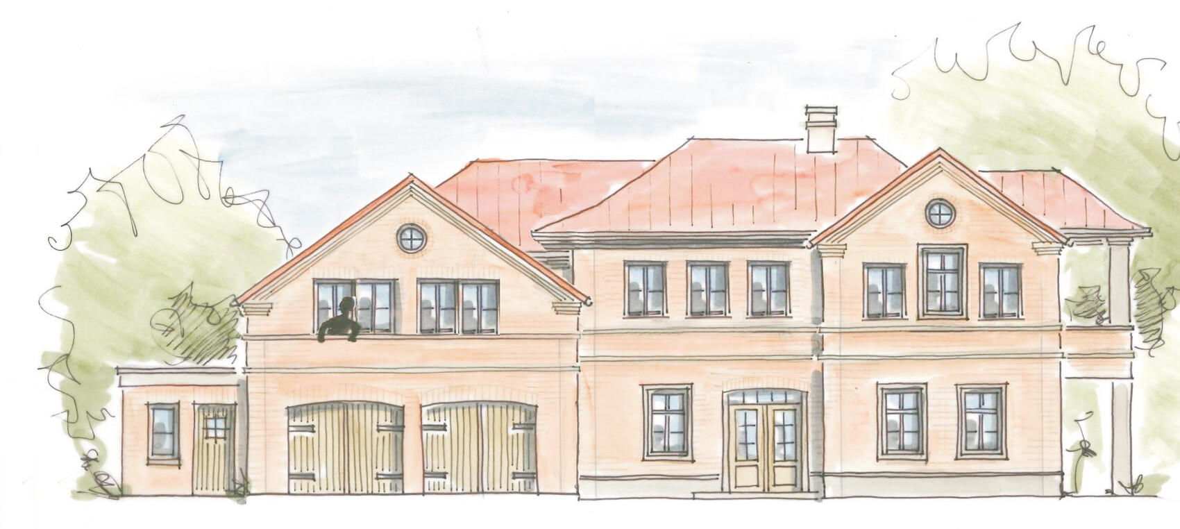 Skizzenhaftes Backsteinhaus, rotes Dach, Fensterfronten, Balkon mit Person, Bäume.