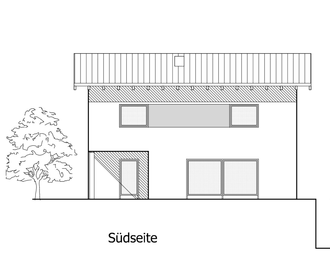 Südseite eines zweigeschossigen Hauses mit Flachdach, Tür links, große Fenster rechts, Baum daneben.