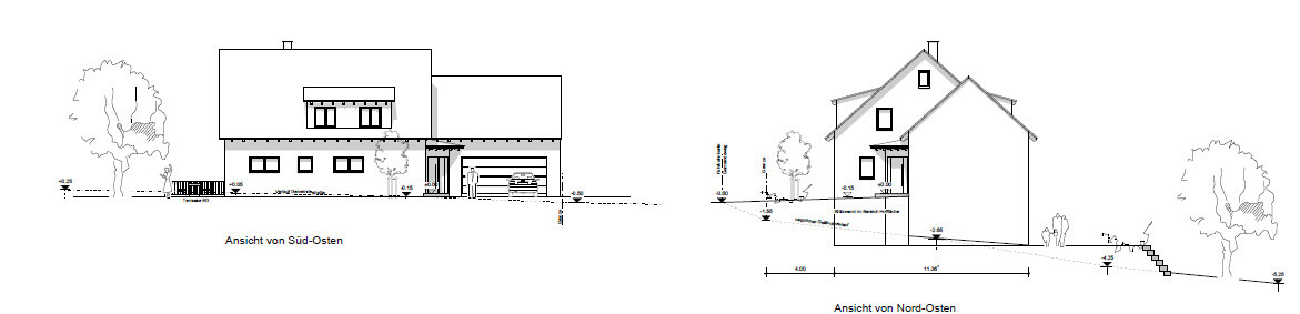 Zwei Wohnhaus-Ansichten von Südost und Nordost mit Garage und Bäumen.