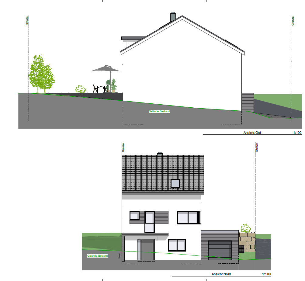 Zwei Ansichten eines Hauses (Ost- und Nordansicht) mit Terrasse, Hang und Garten.