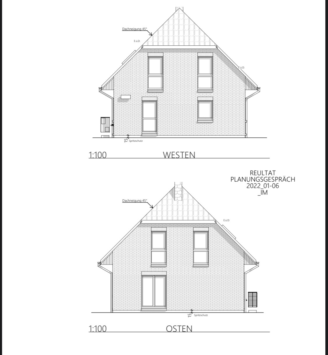 Zwei Ansichten eines zweigeschossigen Backsteinhauses mit Satteldach (West- und Ostansicht), Maßstab 1:100.