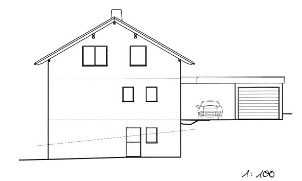 Schwarz-weiß Skizze eines zweistöckigen Hauses mit Satteldach, Garage und Auto.