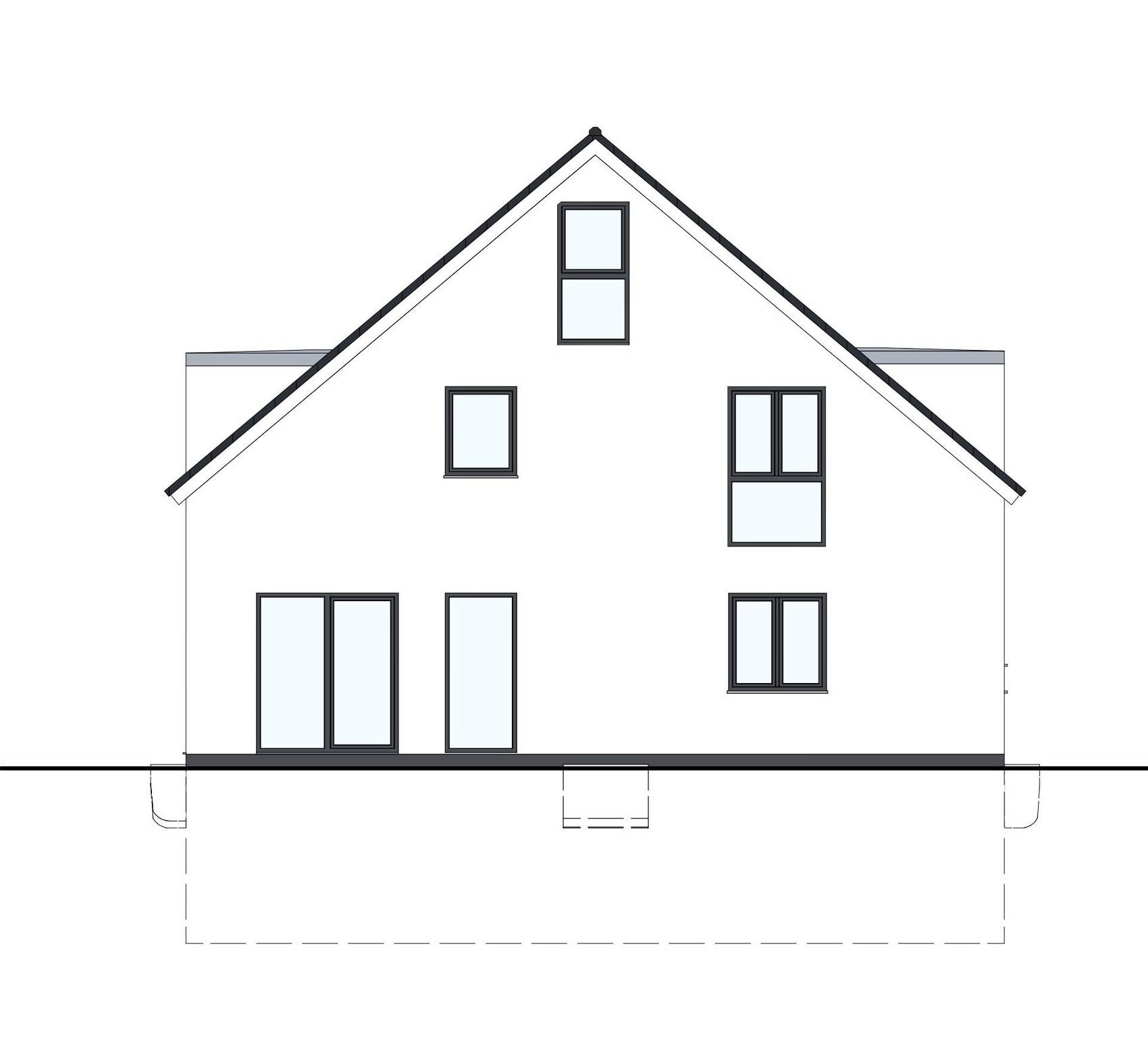 Ansicht eines modernen Einfamilienhauses mit Satteldach, weißen Wänden und großen Fenstern.