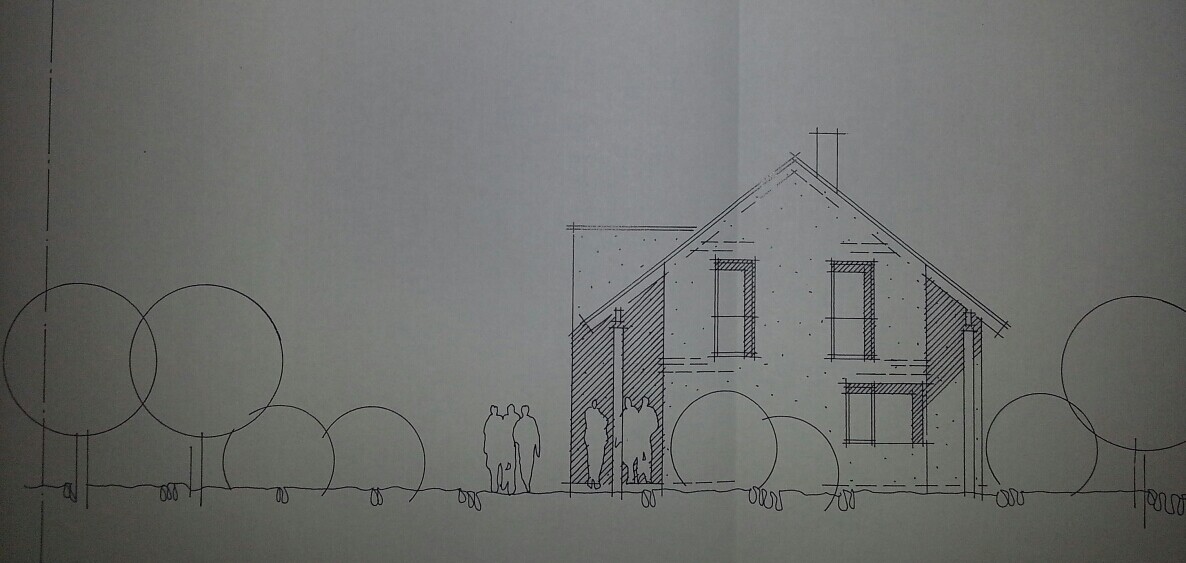 Architekturzeichnung eines Einfamilienhauses mit Satteldach, Bäumen und mehreren Personen im Vordergrund.