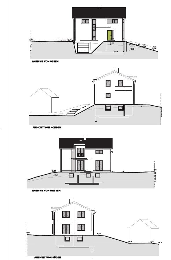 Architektenzeichnung: Hausansichten von Osten, Norden, Westen und Süden
