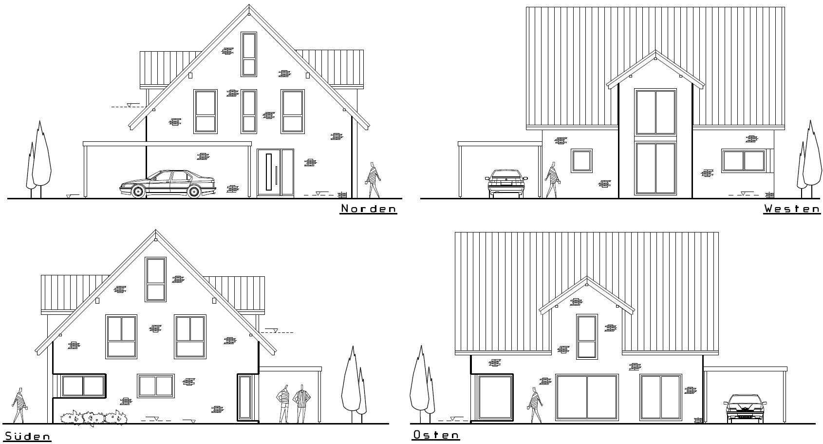 Vier Fassaden eines modernen Einfamilienhauses mit Satteldach, Garage, Autos und Personen.