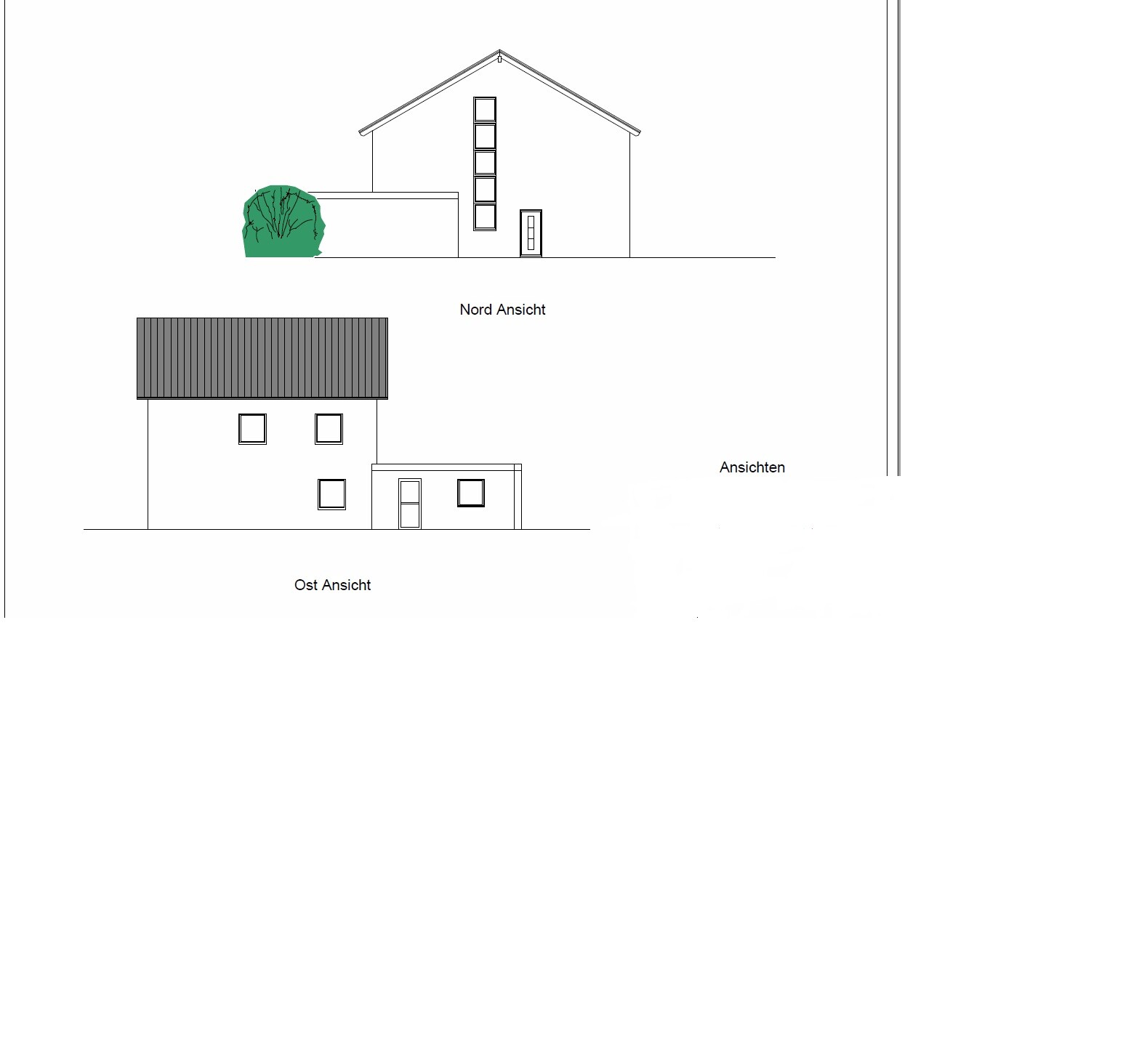 Nord- und Ostansicht eines modernen Hauses mit grünem Busch links.