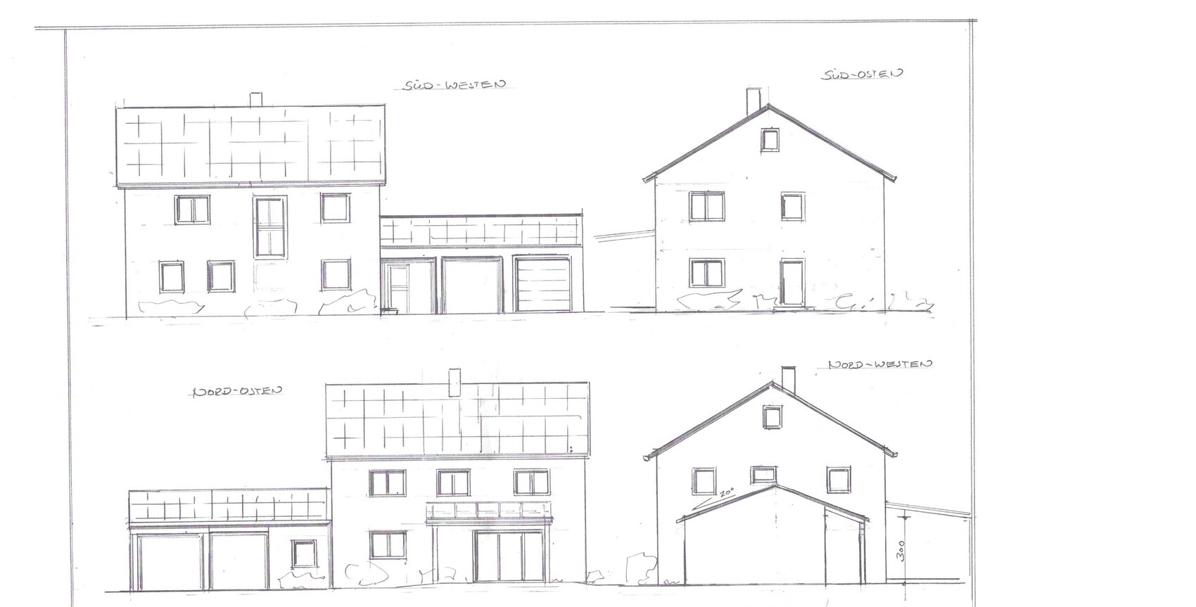Architektur-Skizze eines Wohnhauses mit Anbau, vier Fassadenansichten (N/S/O/W).