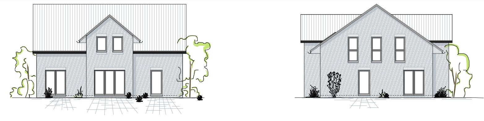 Zweistöckiges Ziegelhaus: Vorder- und Rückansicht mit Giebel, Fenstern und Gartenpflanzen.