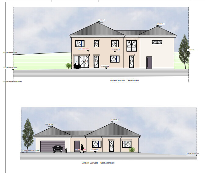 Zweistöckiges Haus mit Garage, Fensterfronten und Bäumen; Nordost- und Südwest-Ansichten.