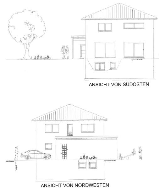 Zwei Ansichten eines Hauses (Südost- und Nordwestansicht) mit Baum, Auto und Menschen.