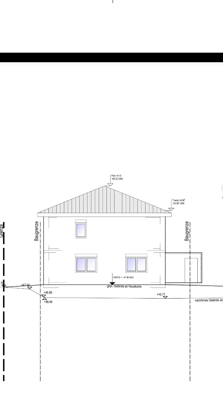 Ansicht eines zweistöckigen Hauses mit Satteldach, Fenstern und Geländekante