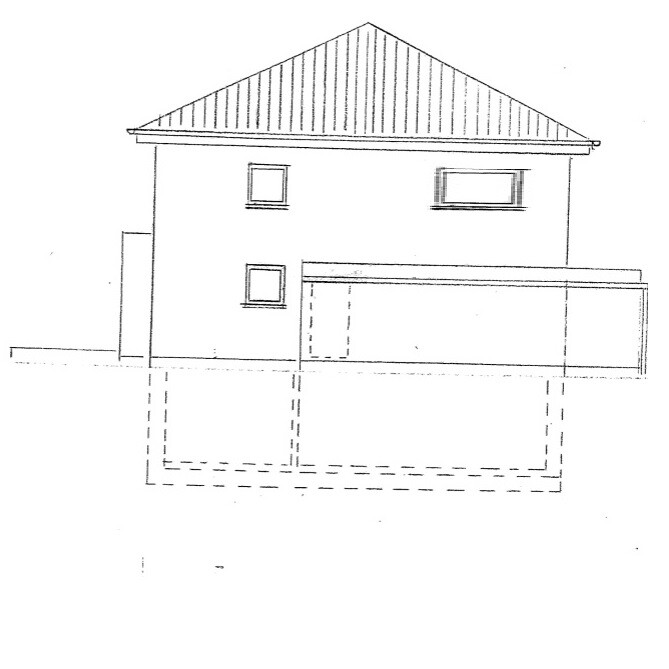 Ansicht eines Hauses als einfache Skizze mit Dach und Fenstern.