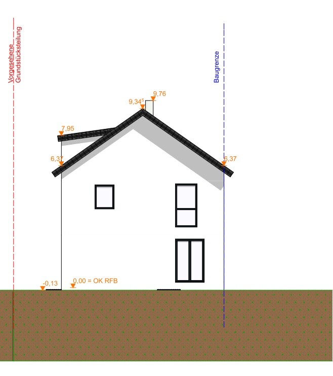 Frontansicht eines Hauses mit Satteldach, Fenstern, Baugrenze rechts und Bodenprofil.