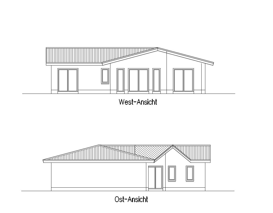 West- und Ostansicht eines Einfamilienhauses als Linienzeichnung mit Fenstern und Türen.