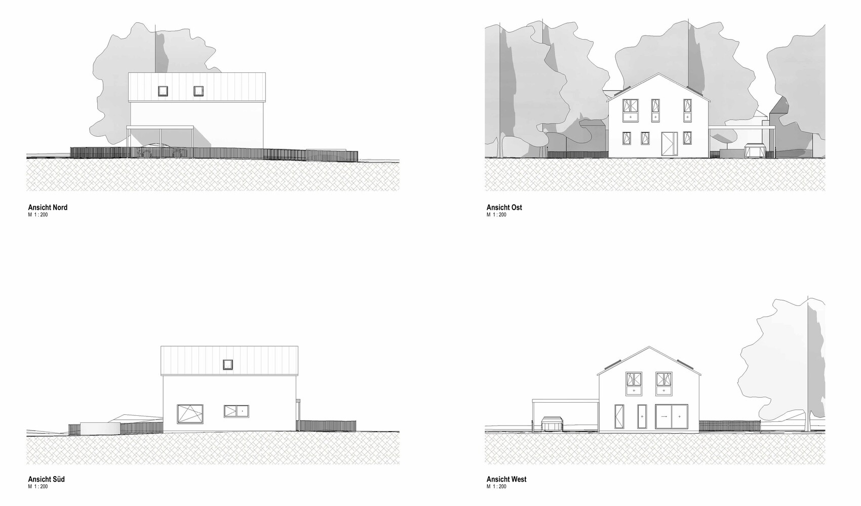 Architektur-Elevationszeichnungen eines Hauses: Nord-, Ost-, Süd- und Westansicht.