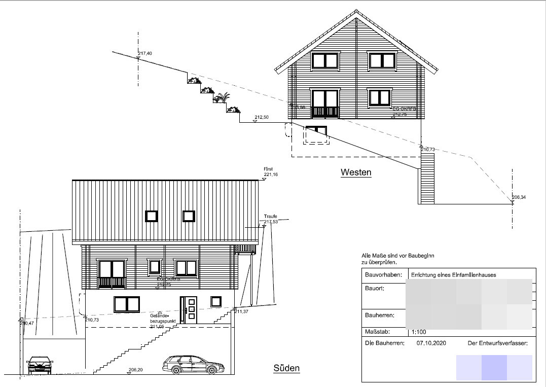 Architekturzeichnung eines zweigeschossigen Hauses mit West- und Südansicht, Dach, Fenstern und Türen