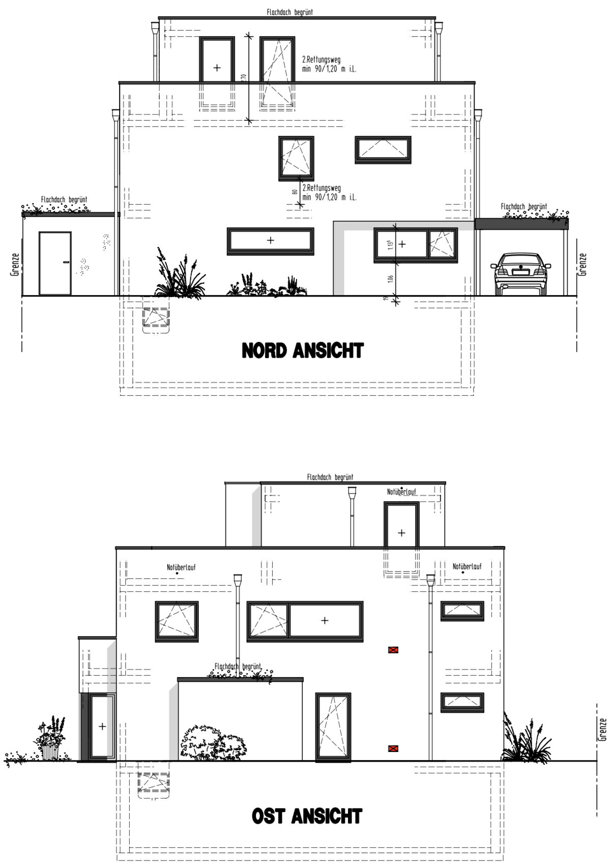 Zweistöckiges Wohnhaus mit Garage, Fenstern, Türen und Garten; Nord- und Ostansicht