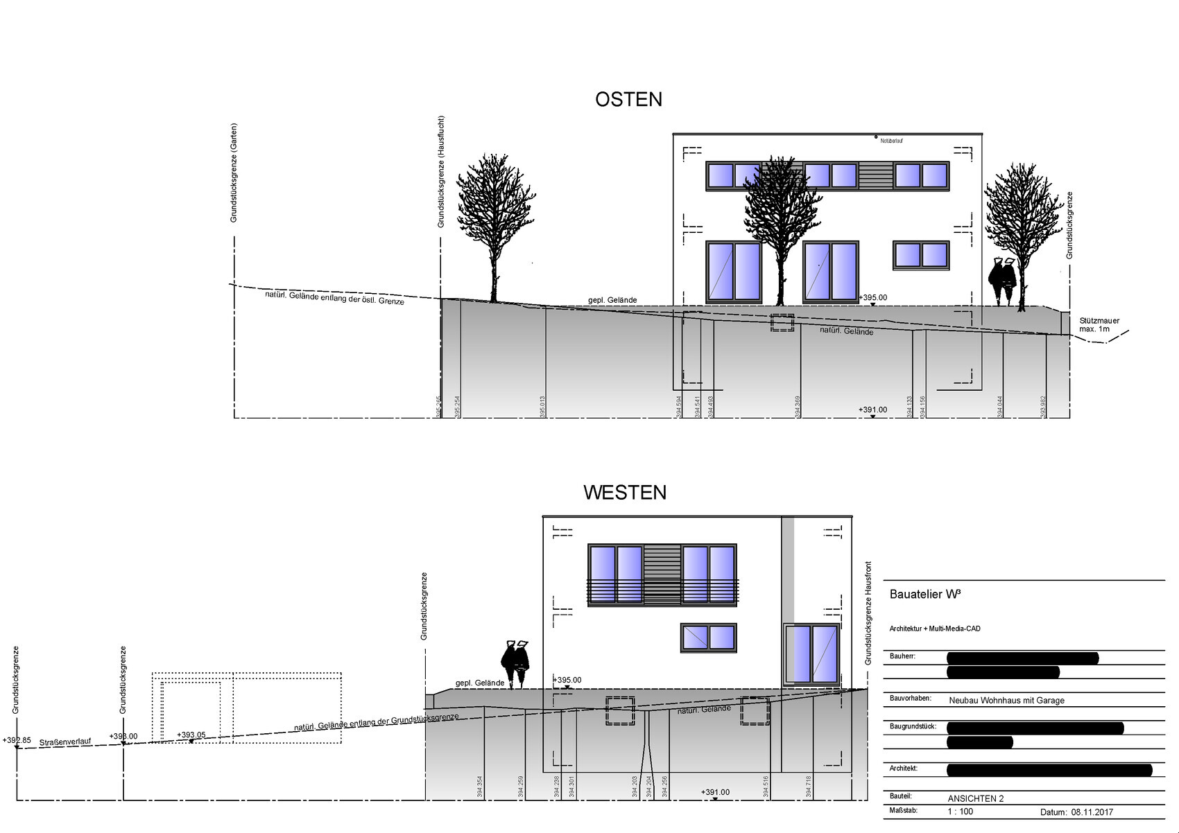 Osten- und Westansicht eines modernen Hauses auf Hanggrundstück, Bäume und Detaillinien.