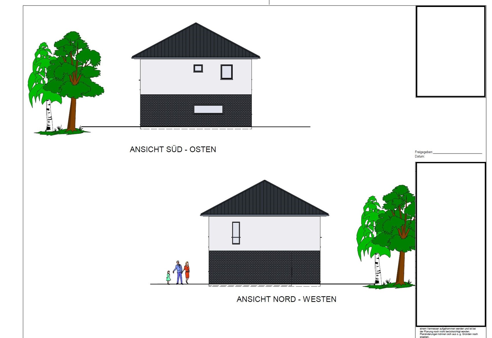 Architekturzeichnung zweier Hausansichten: Süd-Ost und Nord-West mit Bäumen.
