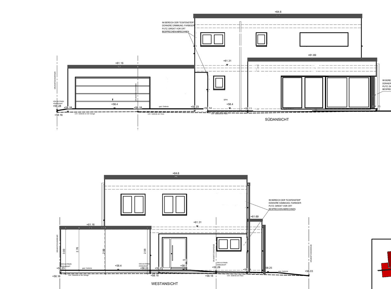 Moderne Hausarchitektur: Süd- und Westansicht mit Garage und großen Fensterflächen