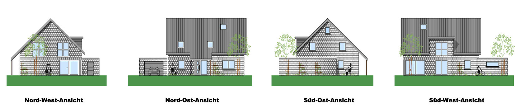 Vier Fassaden eines zweistöckigen Bruchstein-Hauses mit grauem Dach und Garten.