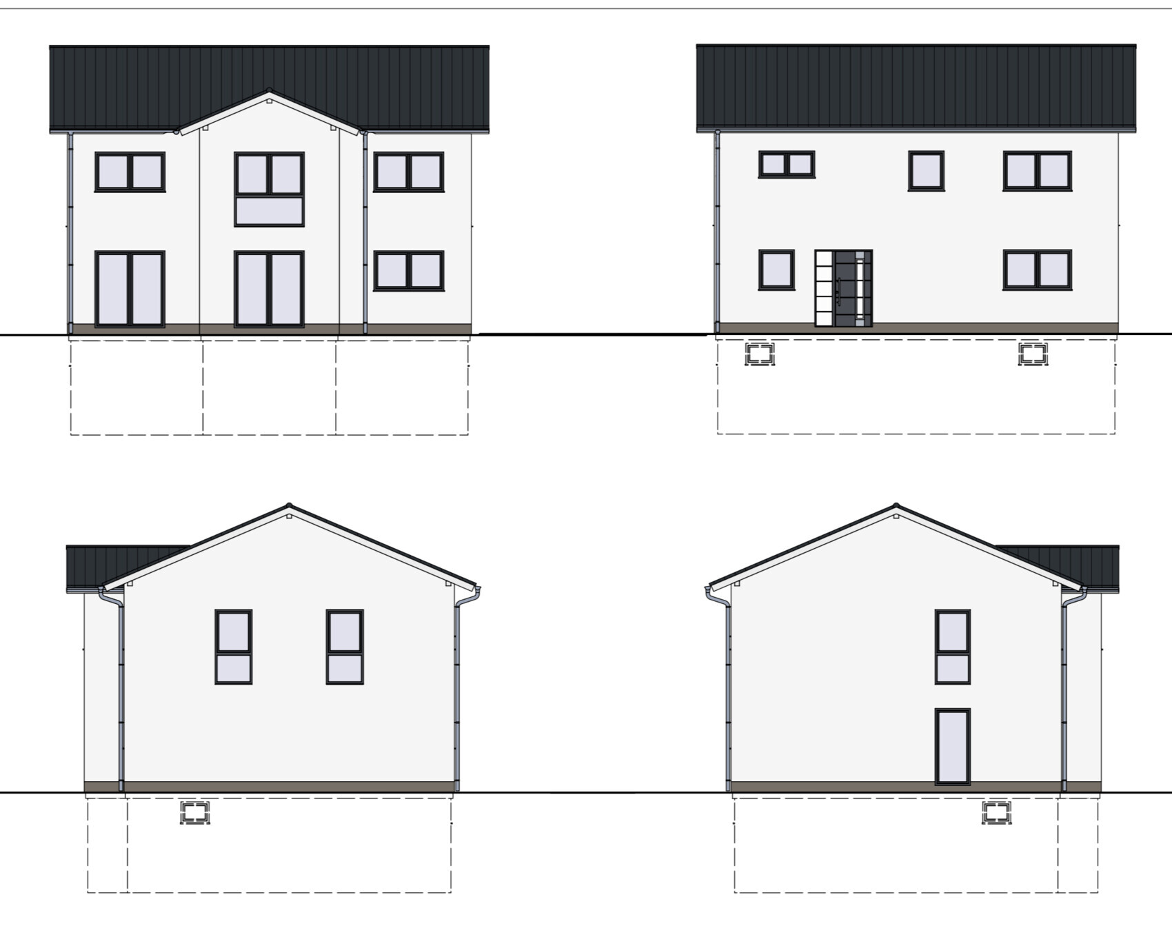 Architekturzeichnung eines zweigeschossigen Hauses mit Satteldach; Front-, Seiten- und Rückansicht.