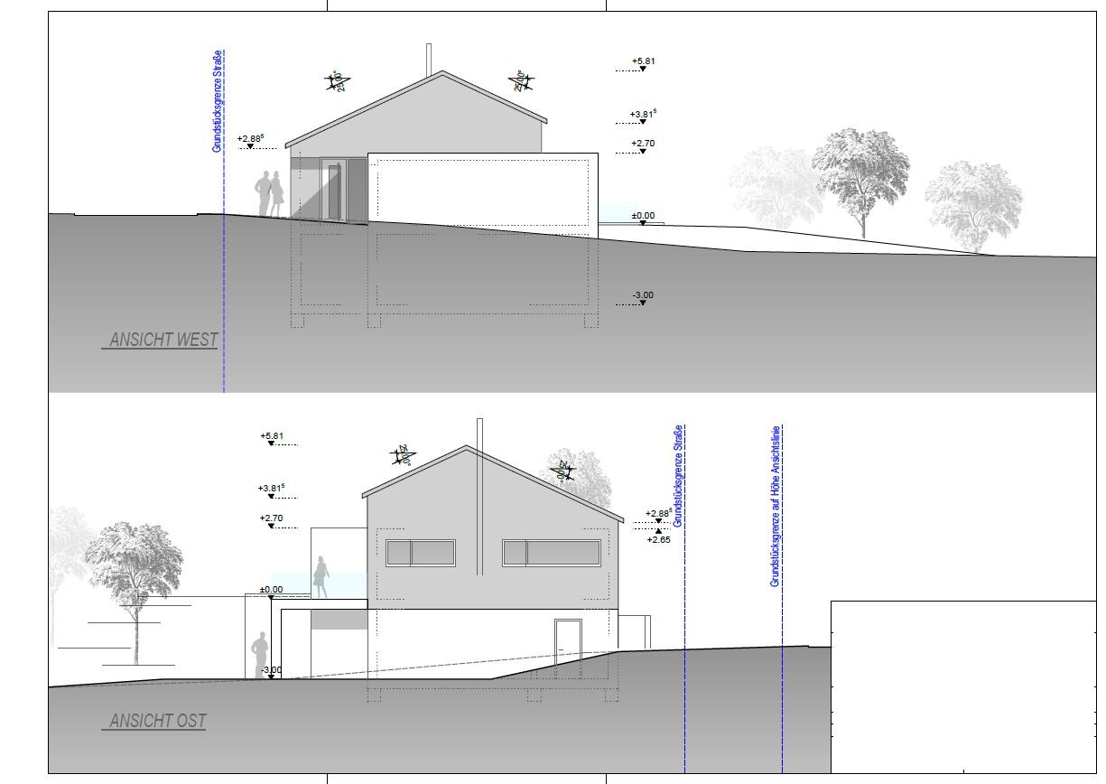 Zwei arch. Ansichten eines Hauses auf Hanglage (West/Ost) mit Silhouetten von Personen und Bäumen.