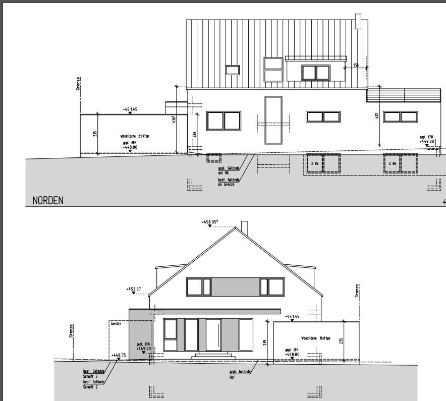 Architekturpläne: Front- und Nordansicht eines modernen Hauses mit Fenstern, Türen und Maßlinien.