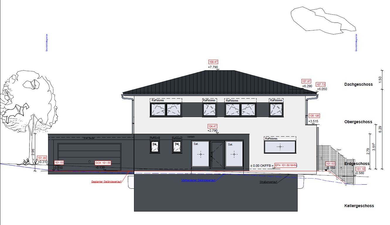 Frontansicht eines zweigeschossigen Hauses mit Garage, Dach und Fenstern sowie Etagenbezeichnungen.