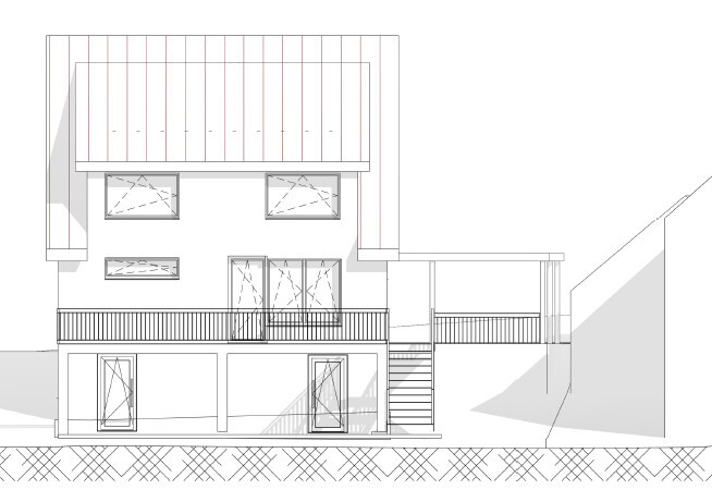 Architekturzeichnung eines zweigeschossigen Hauses mit Terrasse, Balkon und Treppe am Hang