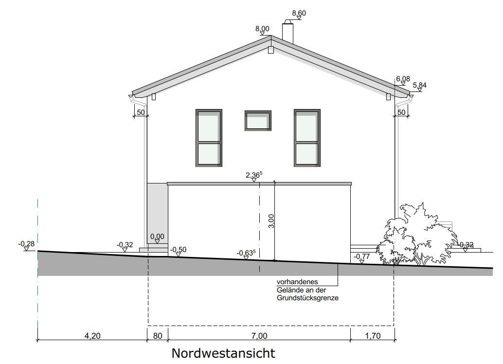 Nordwestansicht eines Hauses als technische Elevationszeichnung mit Dach und Fenstern.