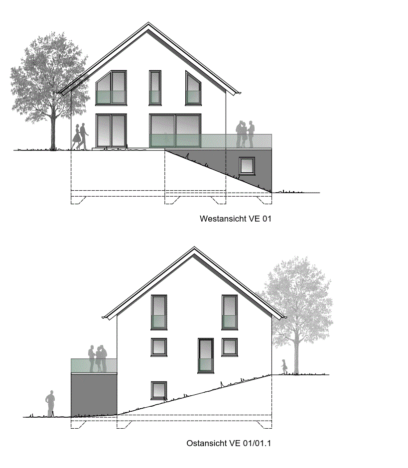 Architektenzeichnung: Haus auf Hang mit Terrasse, West- und Ostansicht.