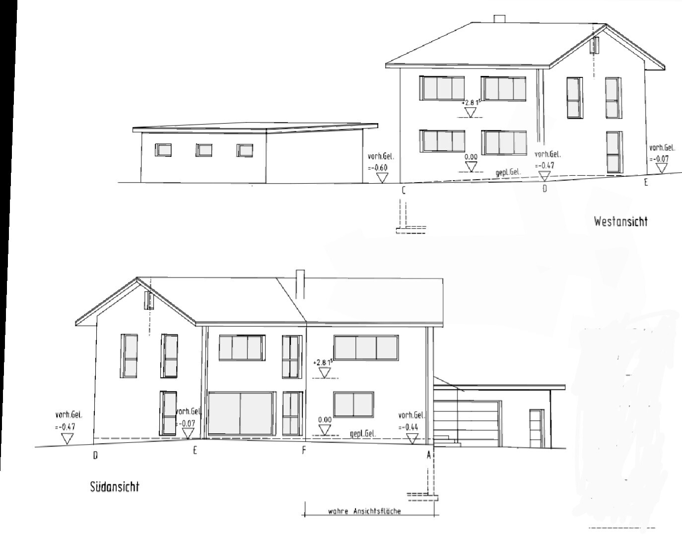 Architekturzeichnung: West- und Südansicht eines zweigeschossigen Hauses mit Anbau.