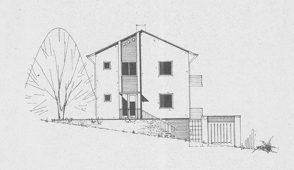 Architekturzeichnung eines zweistöckigen Hauses mit Garage und Baum links