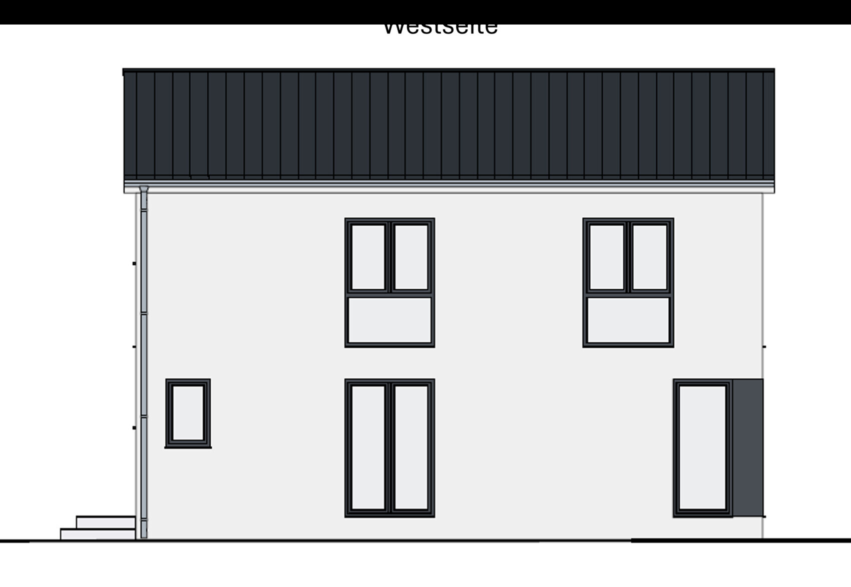 Zweistöckiges modernes Hausfront mit grauer Fassade, dunkel gerahmten Fenstern und zentraler Doppeltür.