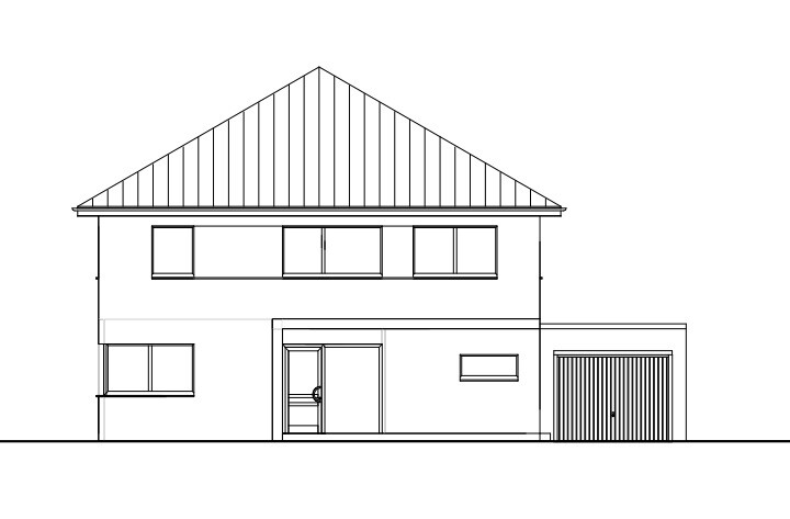 Zweistöckiges Wohnhaus mit Satteldach, mehreren Fenstern, Eingang und Garage rechts