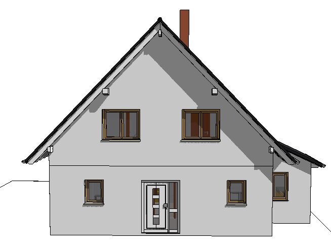 Graues Einfamilienhaus mit Satteldach, zentraler Eingangstür und mehreren Fenstern.
